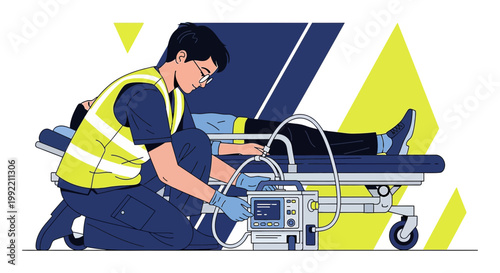 Paramedic Attends Patient on Stretcher with Medical Equipment