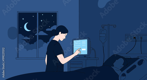 Nurse Monitors Patient at Night in Hospital Room with IV Drip and Computer