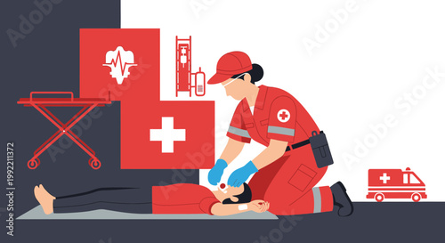 Paramedic performing CPR on unconscious patient, medical emergency scene with ambulance and equipment