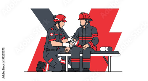 Paramedic checks firefighter's vital signs, medical emergency, first aid, rescue team