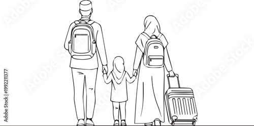 A family of three walking together with luggage and backpacks