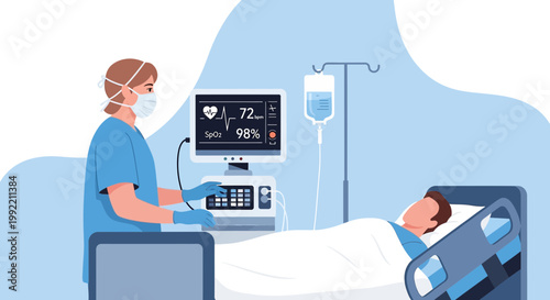 Nurse monitors patient in hospital bed with vital signs monitor and IV drip, medical care concept