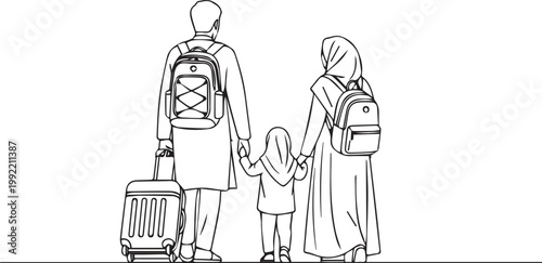A family of three walking together with luggage and backpacks