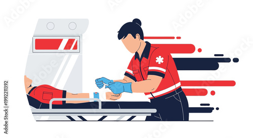 Paramedic Provides Emergency Medical Care to Patient on Stretcher