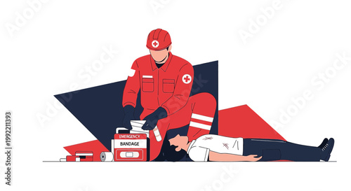 Paramedic Performing First Aid on Injured Person with Medical Kit and Bandages