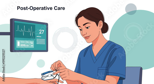 Nurse monitors patient vital signs after surgery, post-operative care, medical monitoring