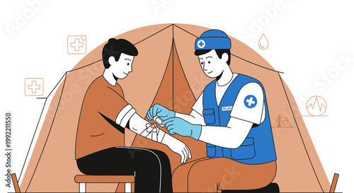 Paramedic Tends to Patient in Tent: Medical Aid, First Aid, Emergency Care
