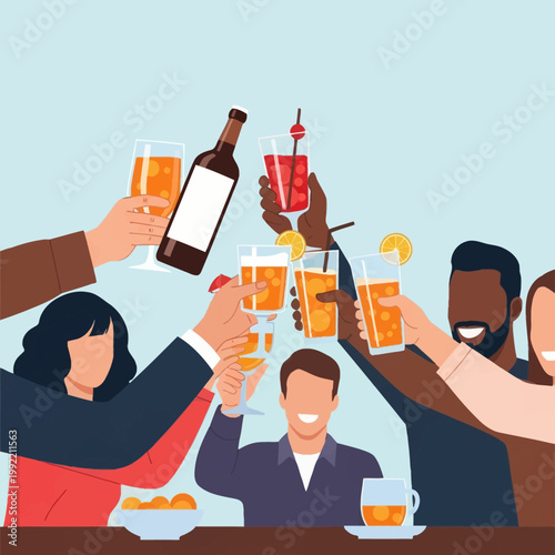 Diverse group of people toasting with various alcoholic drinks including wine, cocktails with citrus garnishes, and beer in a flat vector illustration style for a celebration.