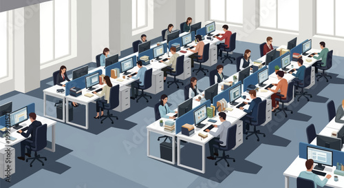 Vector illustration of a bustling modern open-plan corporate office with diverse professionals working at desks with computers, monitors, and blue partitions in a bright interior.