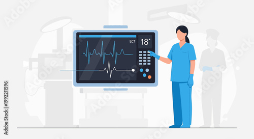Nurse monitors patient vital signs on EKG monitor in operating room