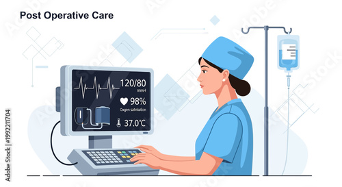 Nurse Monitors Patient Vitals on Medical Screen During Post-Operative Care