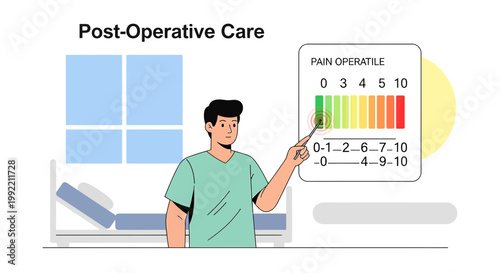 Patient assessing post-operative pain on a scale with healthcare professional