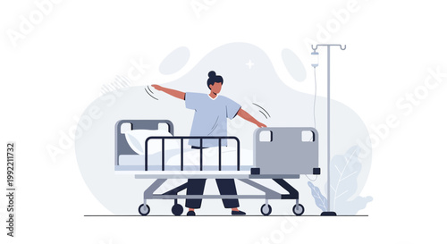 Patient doing physical therapy exercises next to hospital bed with IV drip