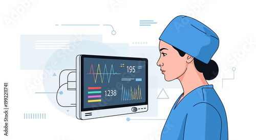 Nurse monitors vital signs on medical screen in operating room, healthcare technology concept