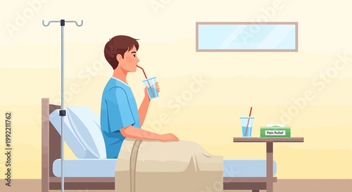 Patient drinking water from IV drip stand in hospital room, recovering after surgery