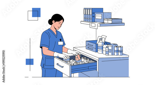 Nurse Organizing Medical Supplies in a Hospital Storage Room