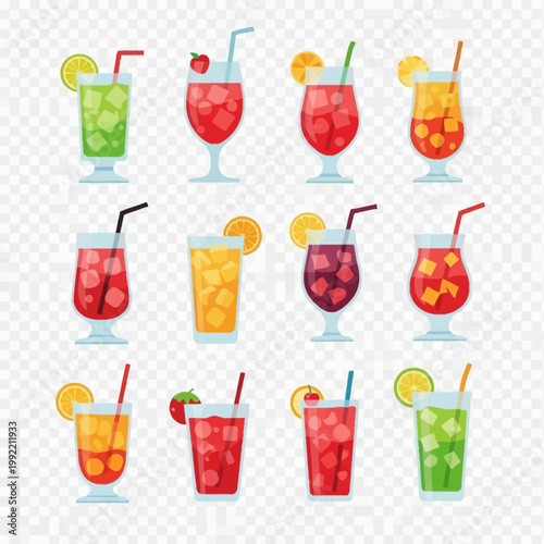 Collection of twelve flat vector illustrations of colorful fruit cocktails and iced beverages featuring citrus slices, berries, straws, and ice cubes in various glass stemware.