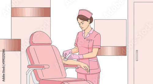 Nurse Performing Blood Draw in Pink Medical Room