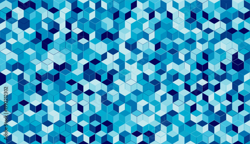Abstract isometric cube mosaic pattern in blue tones forming a dynamic geometric background with depth and texture