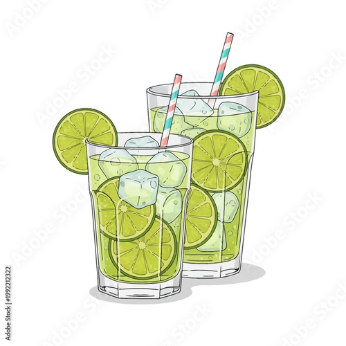 Two glasses of lime soda or mojito beverage containing fresh green lime slices, transparent ice cubes, and striped drinking straws, illustrated vector art on white background.