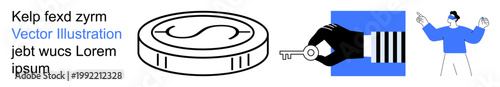 Finance, security, cybercrime, technology, banking, identity protection. A coin, a key in hand a person pointing and text elements. Finance and security visually