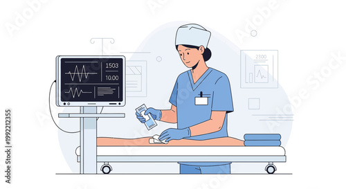 Nurse Performing Medical Procedure on Patient in Operating Room with Monitoring Equipment
