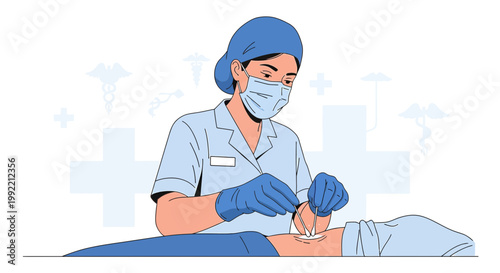 Nurse performing medical procedure on patient, healthcare, surgery, treatment, doctor, hospital