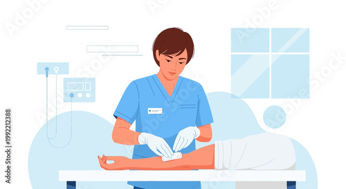 Nurse Performing Medical Procedure on Patient's Arm in Clinic Setting