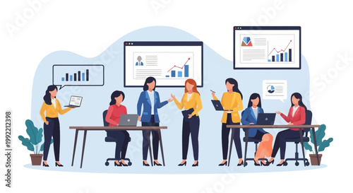 Flat vector illustration of diverse women business leaders collaborating in a modern office, analyzing data charts on digital screens, using laptops, and discussing financial reports.