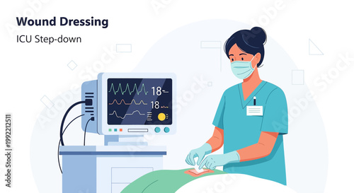 Nurse performing wound dressing on patient in ICU step-down unit with vital signs monitor