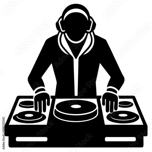 Silhouette Of A DJ Mixing Tracks With Turntables And Headphones Transparent Background