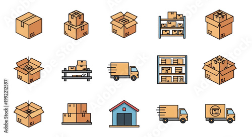Logistics and inventory icon set featuring cardboard boxes, warehouse storage shelves, delivery trucks, and distribution building graphics in a flat line vector style.