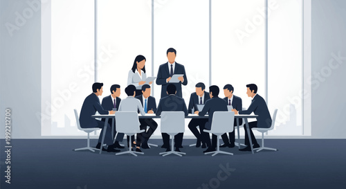 Flat vector illustration of a professional business meeting in a modern office with diverse male and female colleagues sitting at a conference table and a leader standing with a tablet.
