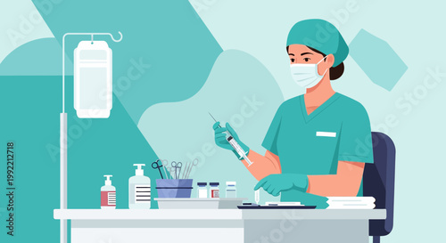 Nurse Preparing Injection Syringe in Medical Clinic, Healthcare Concept