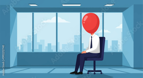 Conceptual vector illustration of a faceless office worker with a large red balloon instead of a head, sitting in a chair inside an empty corporate office with city views.