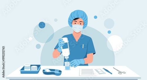 Nurse Preparing IV Drip in Medical Setting with Sterile Equipment