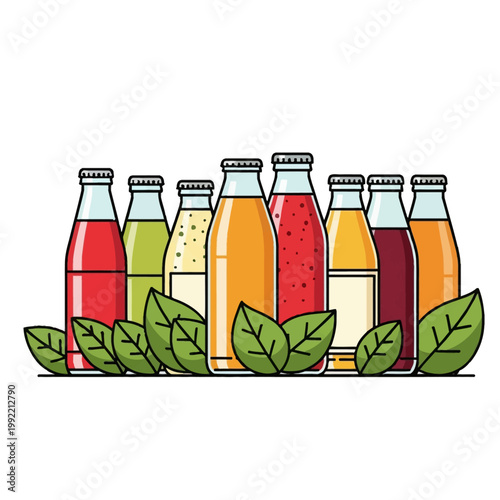 Vector illustration of a row of glass bottles filled with various colorful fruit juices, plant-based beverages, and smoothies, accented by green leaves on a white background.
