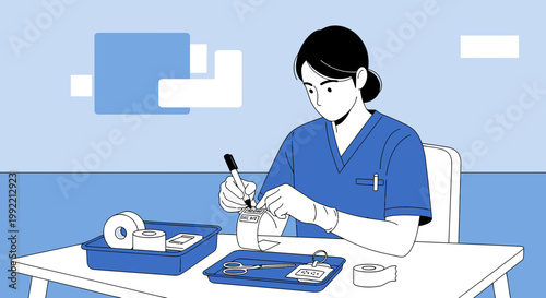 Nurse preparing medical supplies for a procedure, close-up of sterile equipment and bandages