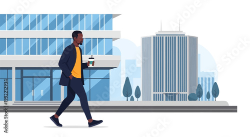 Vector illustration of a professional African American man walking past modern glass office buildings in a city while holding a coffee cup, wearing a dark blazer and yellow t-shirt.