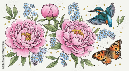 Beautiful floral composition with peonies, forgetmenots, a kingfisher bird, and a butterfly