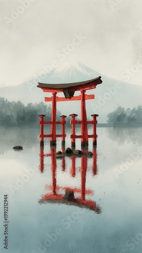 A peaceful Japanese scene, vertical watercolor. Isolated lakeside Torii with clear reflections, misty Fuji in the background
