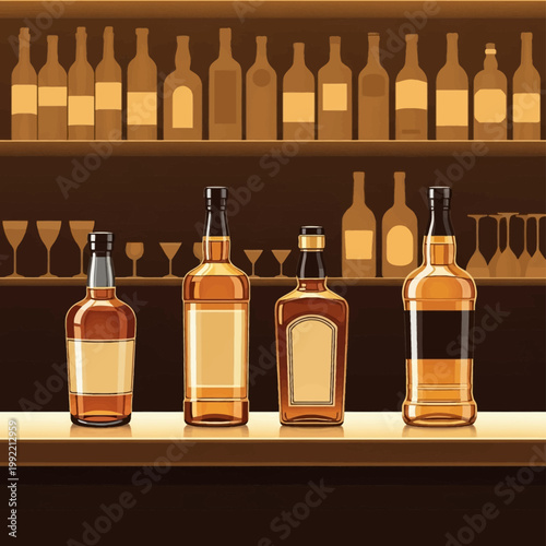 Vector illustration of four liquor and whiskey bottles with blank labels on a bar counter featuring silhouettes of glass bottles and stemware on wooden shelves in the background.