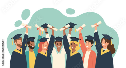 Diverse Group of Graduates Celebrating with Diplomas and Caps.