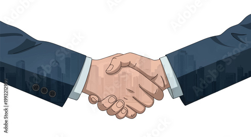 Close-up of two business professionals shaking hands in a suit with a double exposure effect featuring a modern city skyline of skyscrapers and buildings on a white background.