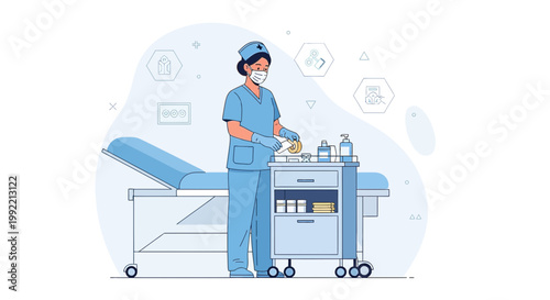 Nurse Preparing Medical Supplies Next to Examination Bed in Clinic