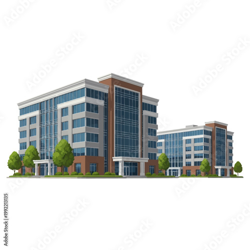 Modern low-rise office complex illustration featuring two contemporary commercial buildings with blue glass facades, brick accents, and green landscaping isolated on a white background.