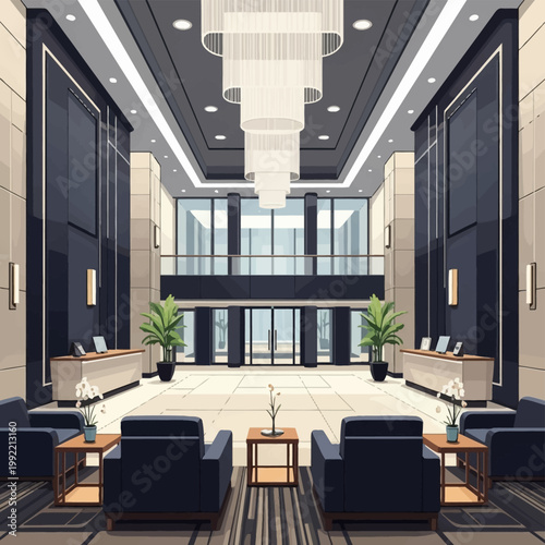 Modern corporate lobby interior featuring a large tiered chandelier, symmetrical navy blue armchairs, reception desks, indoor plants, glass entrance doors, and high ceilings in a vector style.