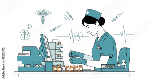 Nurse Preparing Medication and Syringes with Medical Icons