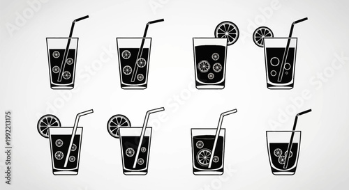 Collection of eight black and white vector icons featuring drinking glasses filled with liquid, citrus slices, and straws, displayed in a two-row grid on a neutral background.