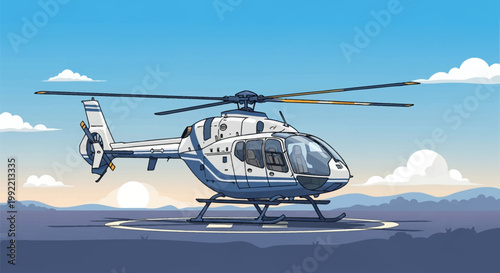 Vector illustration of a modern white and blue twin-engine helicopter parked on a circular helipad landing pad at sunrise with hills and a blue sky in the background.